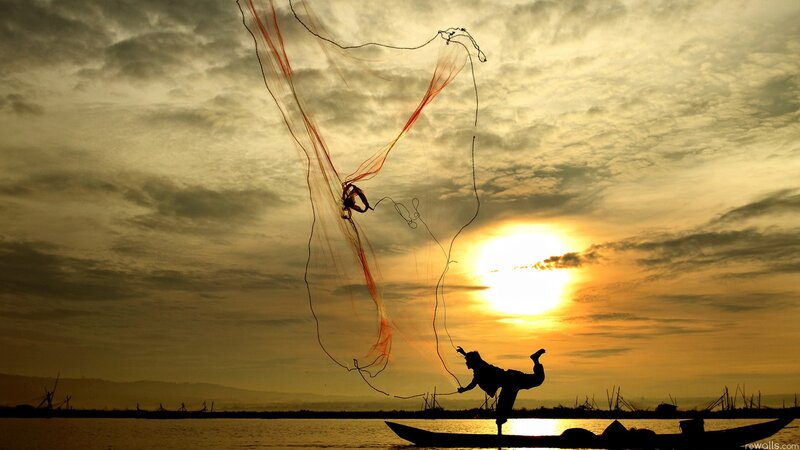 Fisherman Casting Net — Yellow, Dramatic, Sunset, Photograph