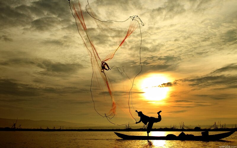 Fisherman Casting Net — Yellow, Dramatic, Sunset