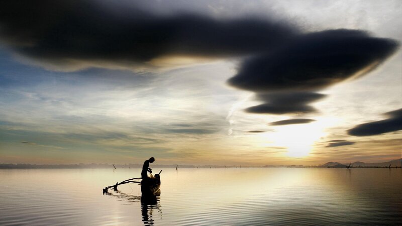 Fisherman in a Boat — Blue, Dramatic, Sunset