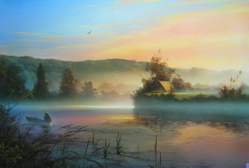 Fisherman in a Boat — Blue, Serene, Sunrise