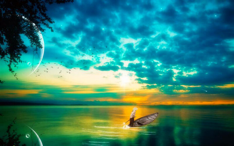 Fisherman in a Boat — Blue, Serene, Sunset, Digital Art, Birds