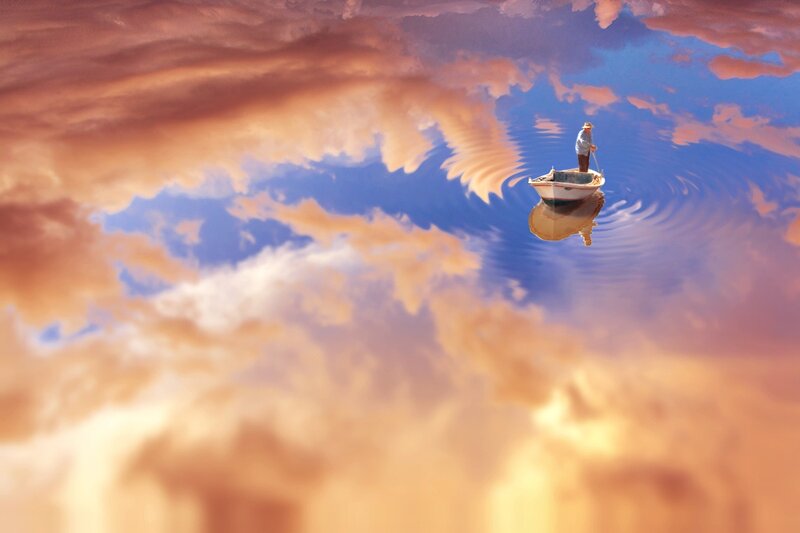 Fisherman in a Boat — Blue, Serene, Sunset, Digital Art, Clouds