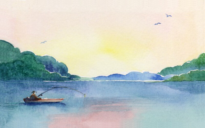 Fisherman in a Boat — Blue, Serene, Sunset