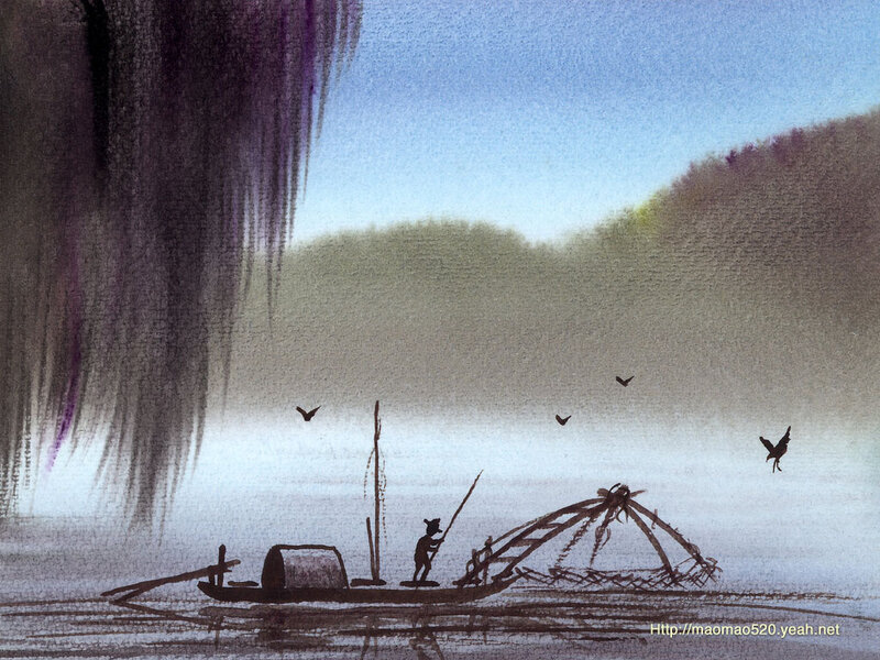 Fisherman in a Boat — Blue, Serene