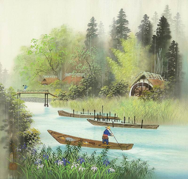 Fisherman in a Boat — Green, Serene, Morning, Painting, River