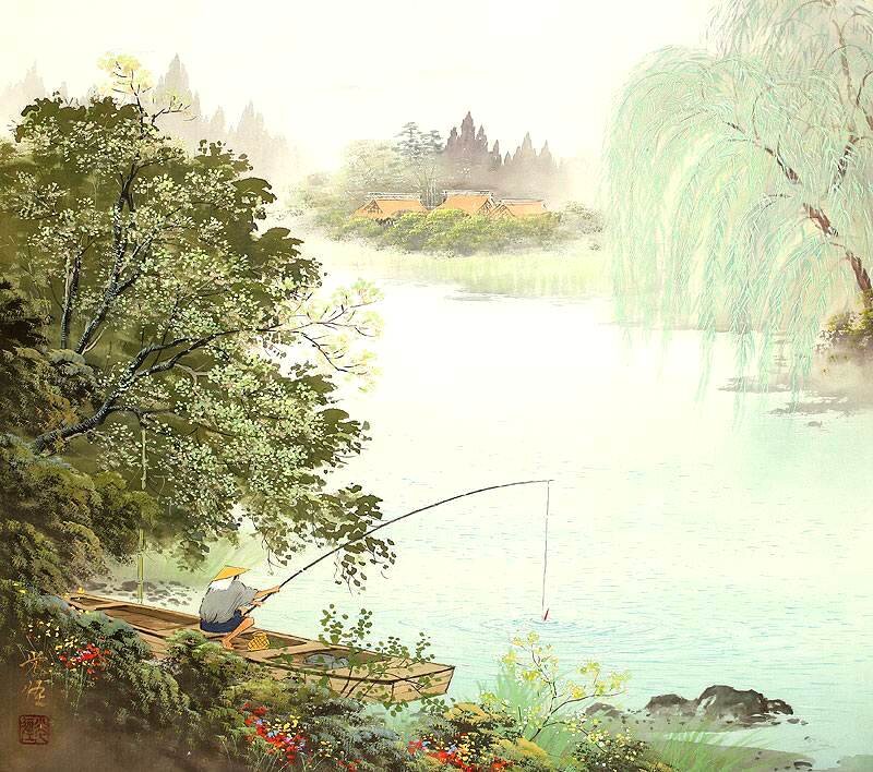 Fisherman in a Boat — Green, Serene, Morning, Painting