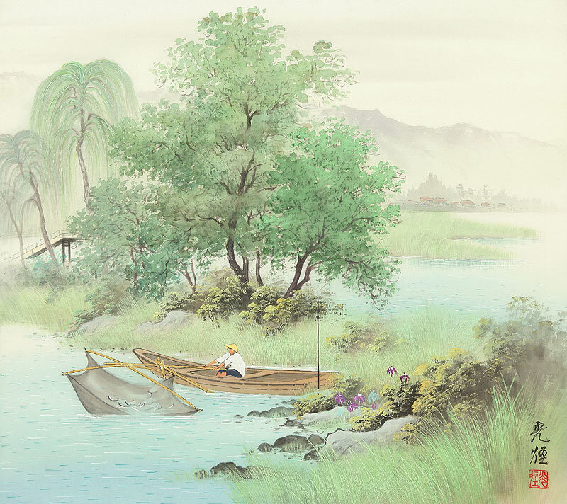 Fisherman in a Boat — Green, Serene, Morning, Painting, Trees