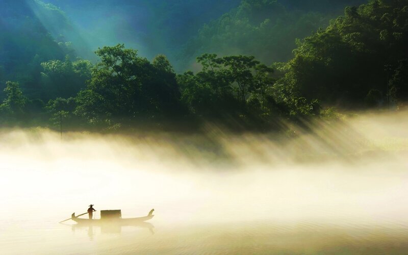 Fisherman in a Boat — Green, Serene, Morning, Photograph, River