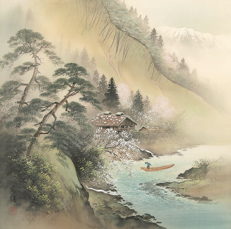 Fisherman in a Boat — Green, Serene, Spring