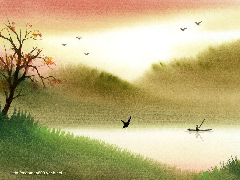 Fisherman in a Boat — Green, Serene, Sunset