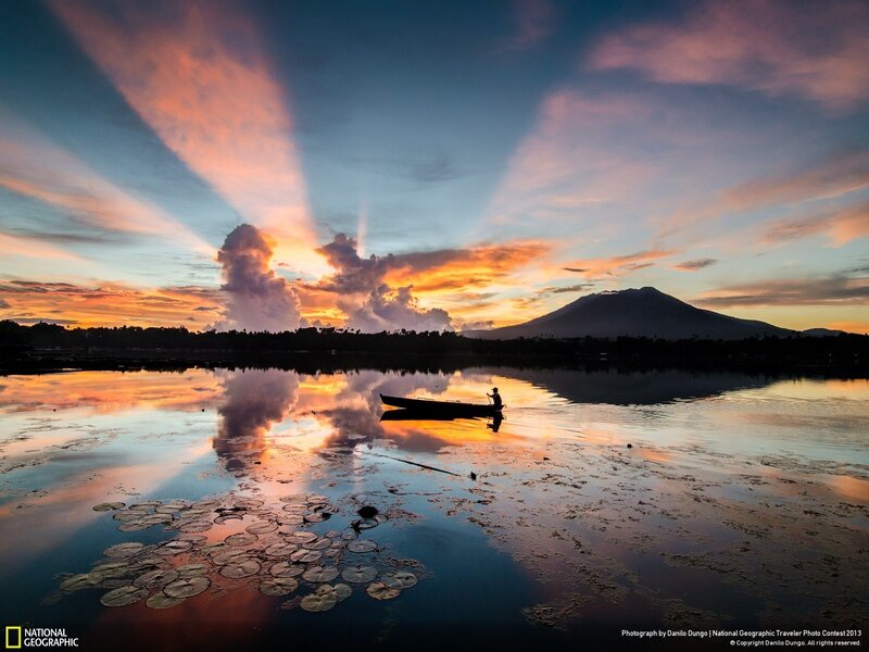 Fisherman in a Boat — Orange, Dramatic, Sunset, Photograph
