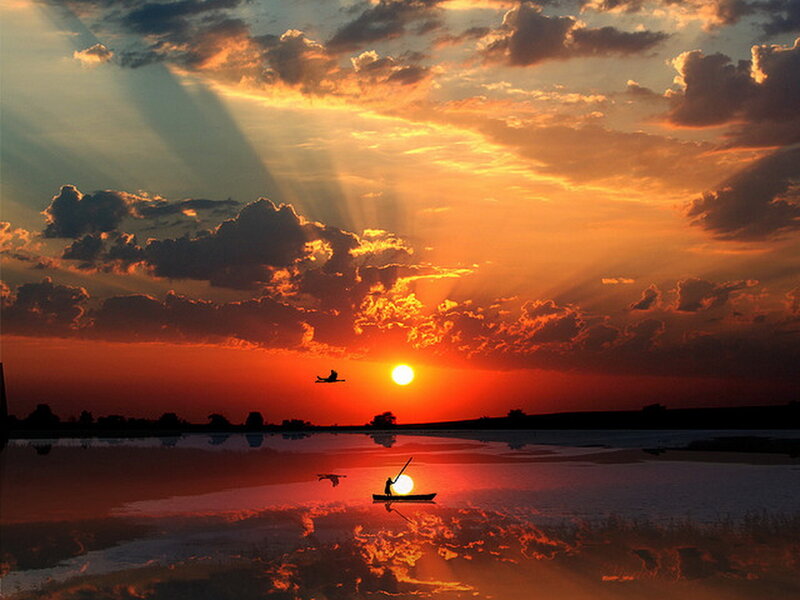 Fisherman in a Boat — Orange, Dramatic, Sunset