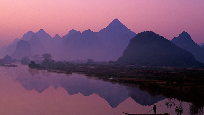 Fisherman in a Boat — Purple, Serene, Sunset, Photograph