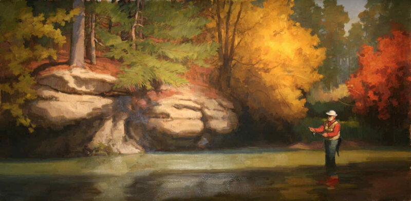 Fisherman in autumn forest