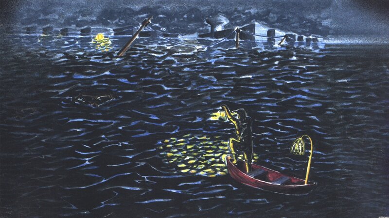 Fisherman in Boat — Blue, Dramatic, Night