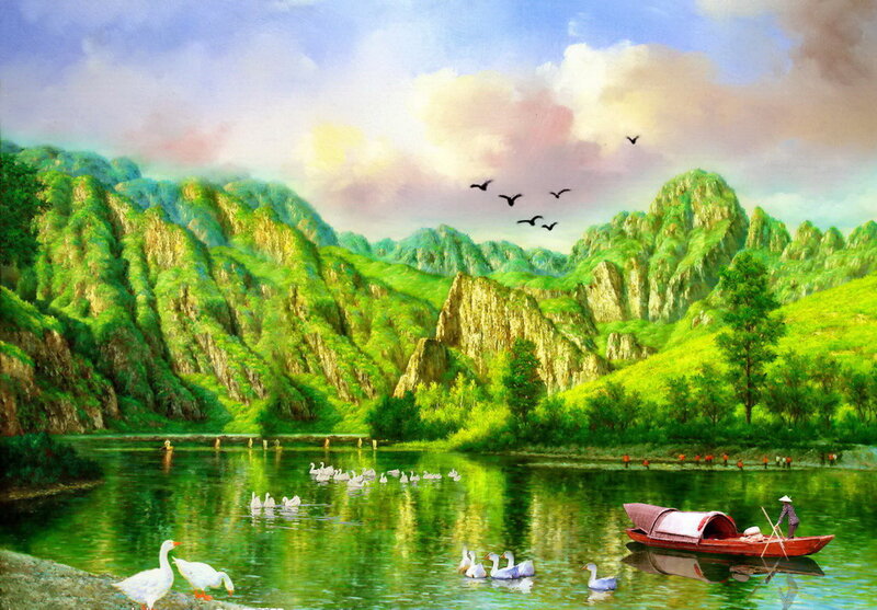 Fisherman in Boat — Green, Serene