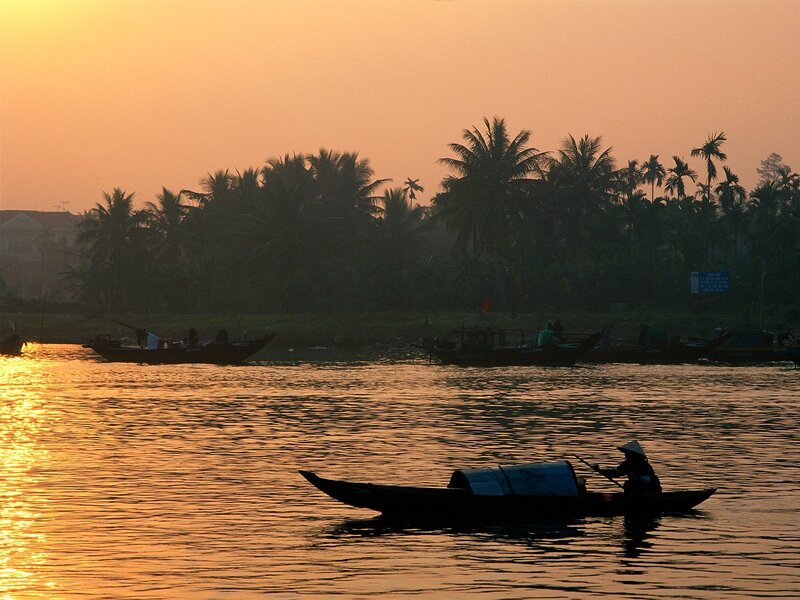 Fisherman in Boat — Orange, Serene, Sunset, Photograph, Palm Trees