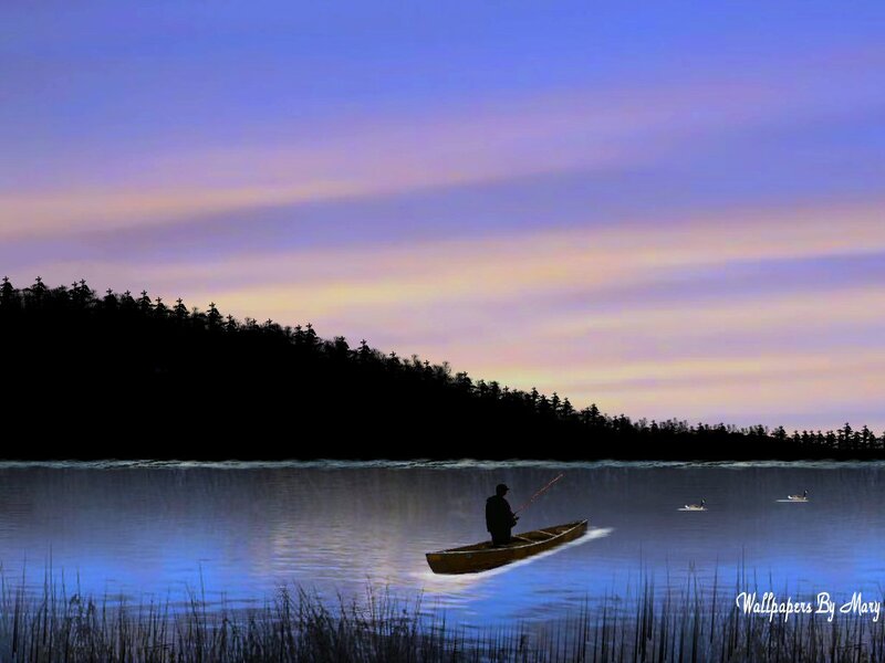 Fisherman in Canoe — Blue, Serene