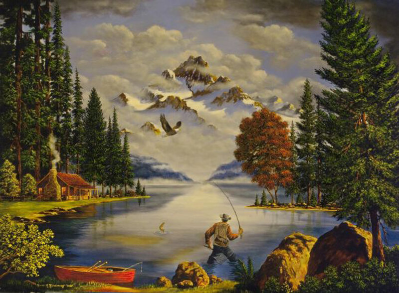Fisherman in Lake — Green