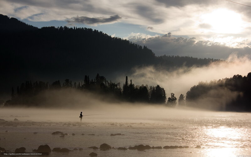 Fisherman in misty river