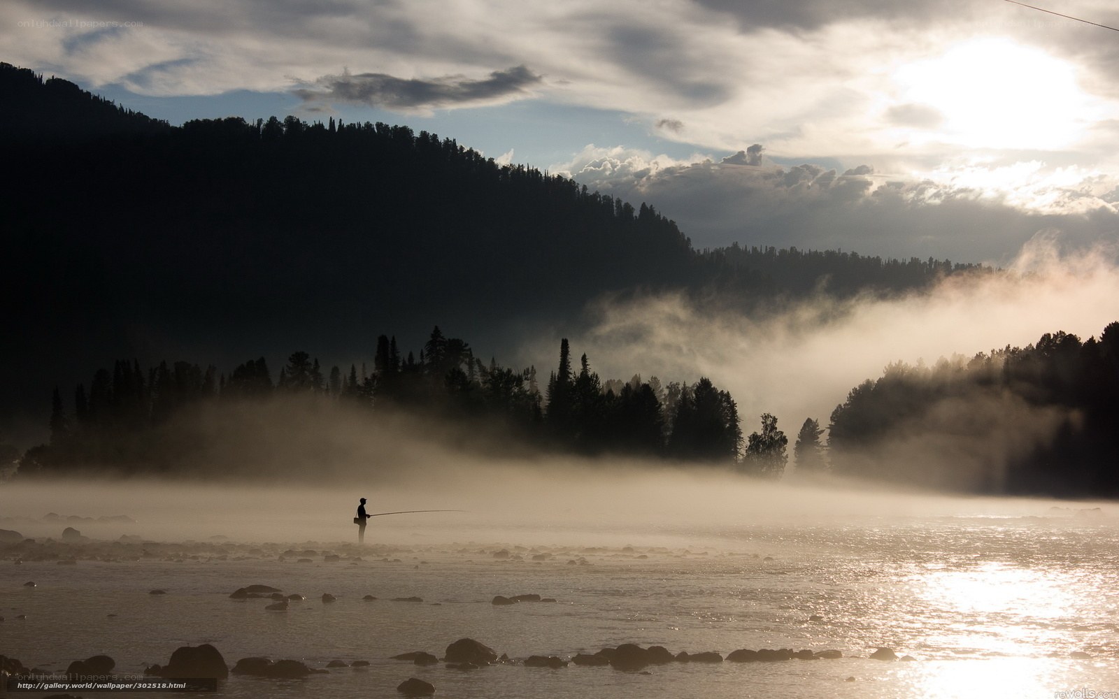Fisherman in misty river