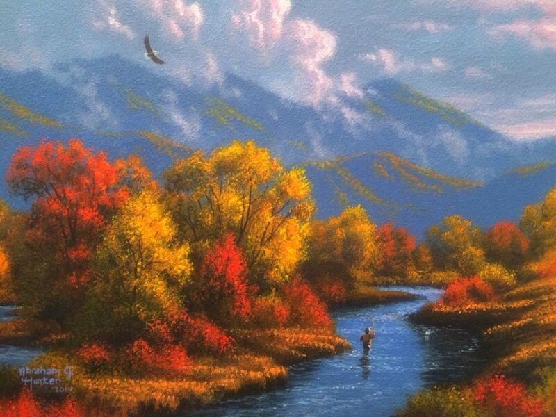 Fisherman in River — Blue, Serene, Autumn