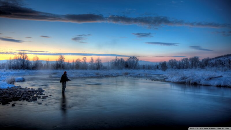 Fisherman in River — Blue, Serene