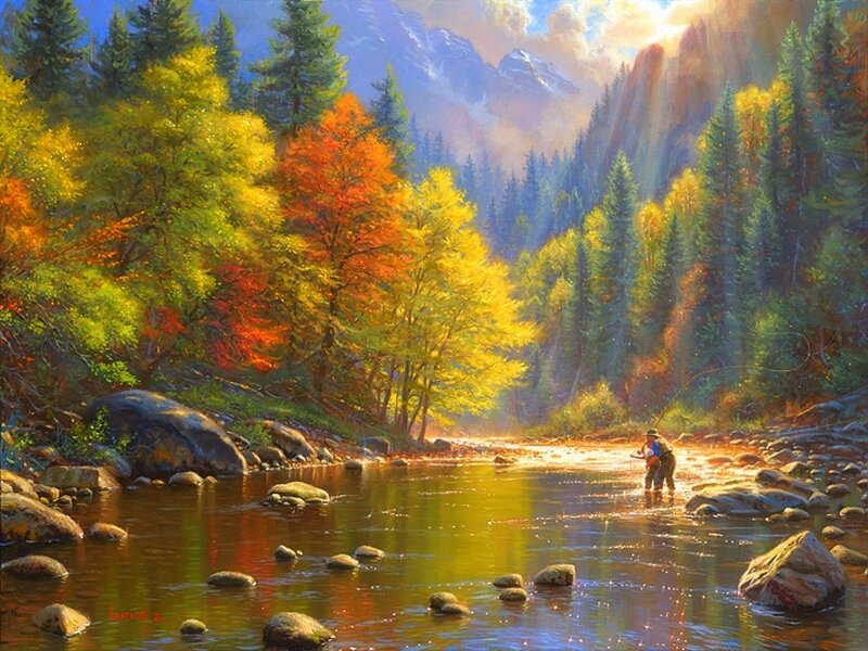 Fisherman in River — Green, Serene