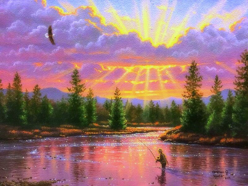 Fisherman in River — Purple, Serene