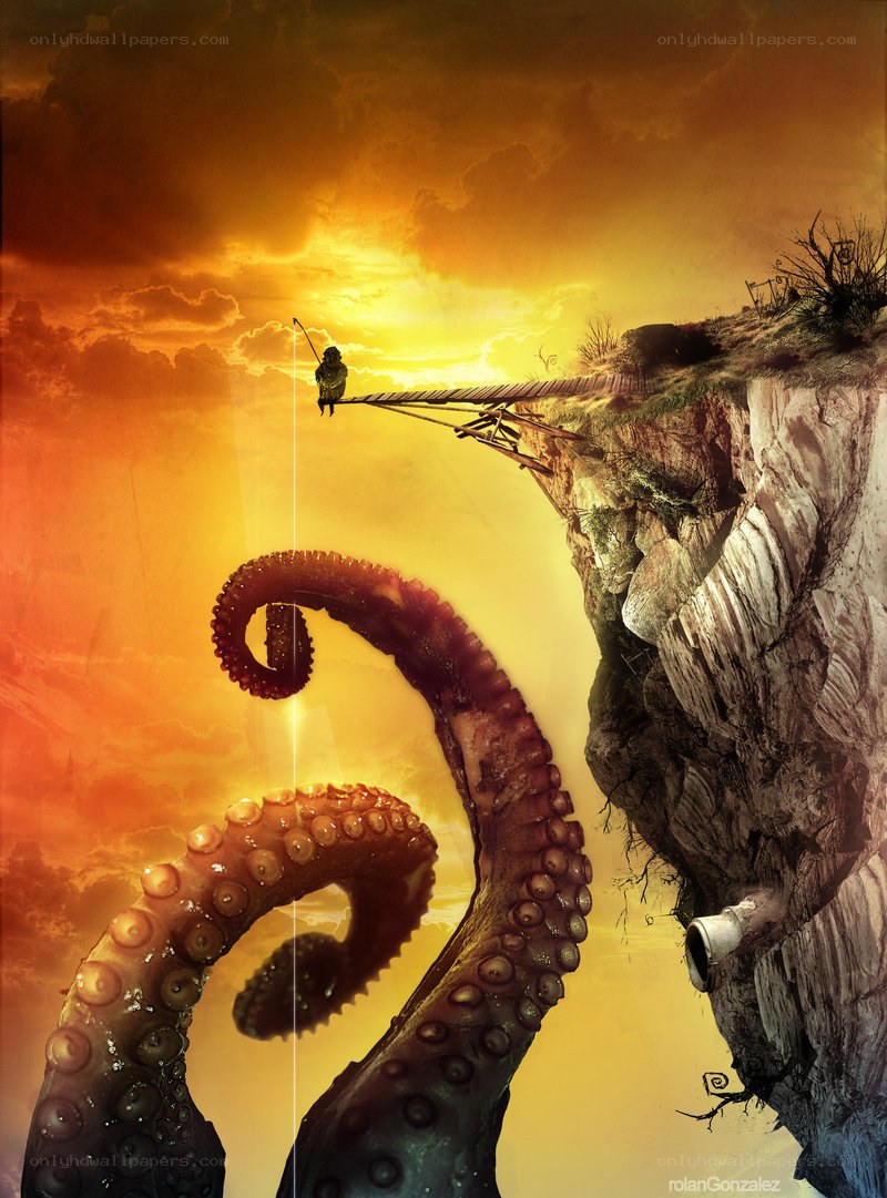 Fisherman on a cliff with tentacles