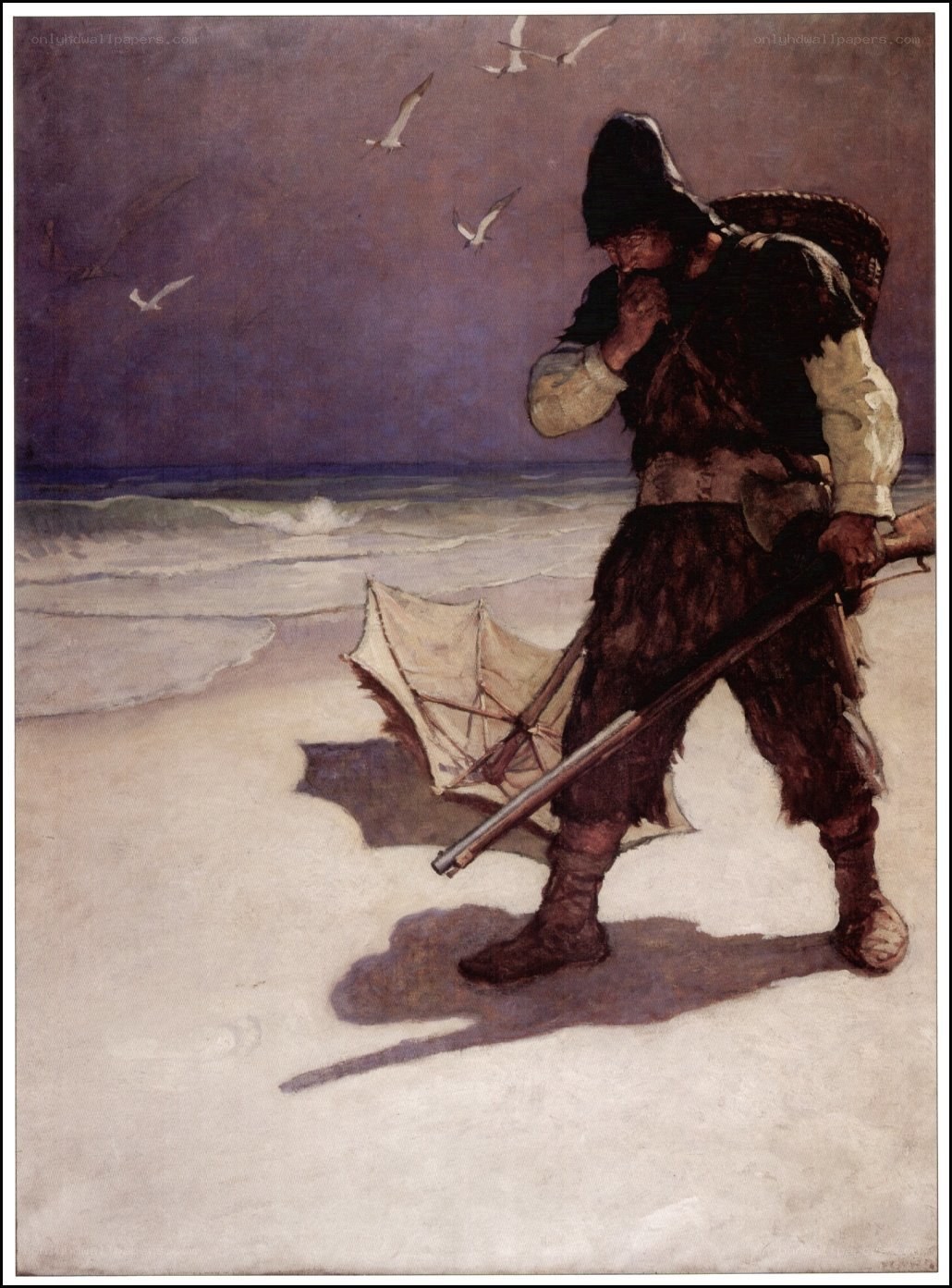 Fisherman on a stormy beach
