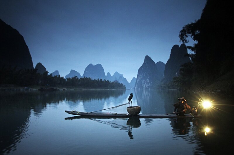 Fisherman on Bamboo Raft — Blue, Serene, Night