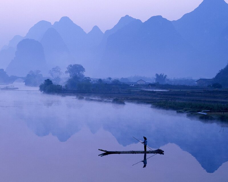Fisherman on Bamboo Raft — Blue