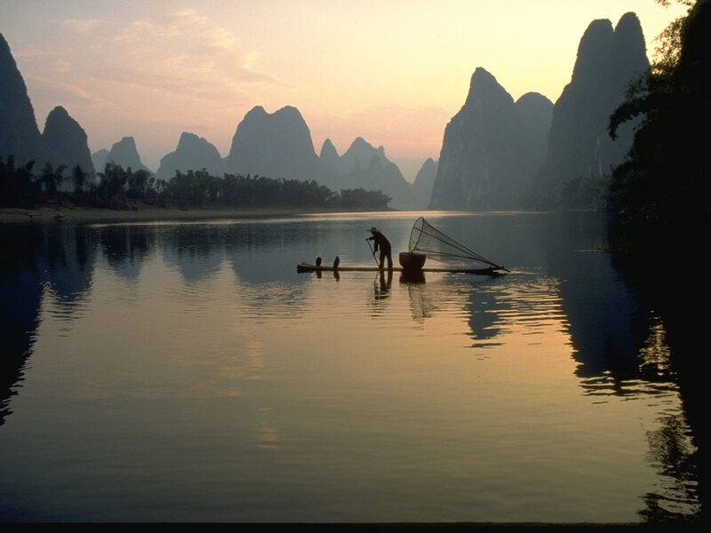 Fisherman on Bamboo Raft — Yellow