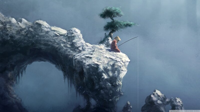Fisherman on Cliff — Blue, Serene, Digital Art