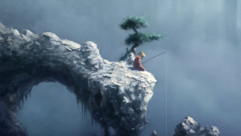 Fisherman on Cliff — Blue, Serene, Digital Art, Tree, Fishing Rod, Gray