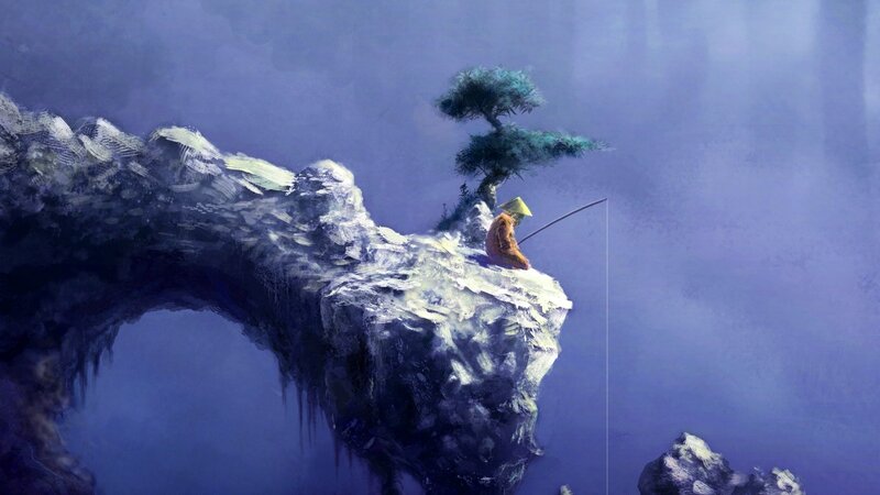 Fisherman on Cliff — Blue, Serene, Digital Art, Tree