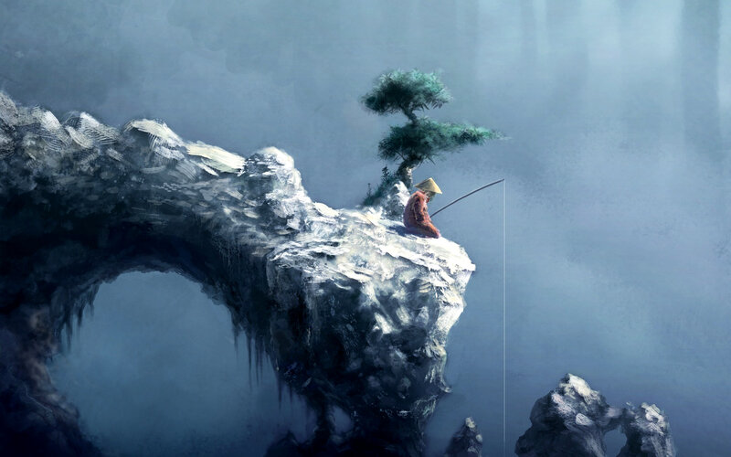 Fisherman on Cliff — Blue, Serene