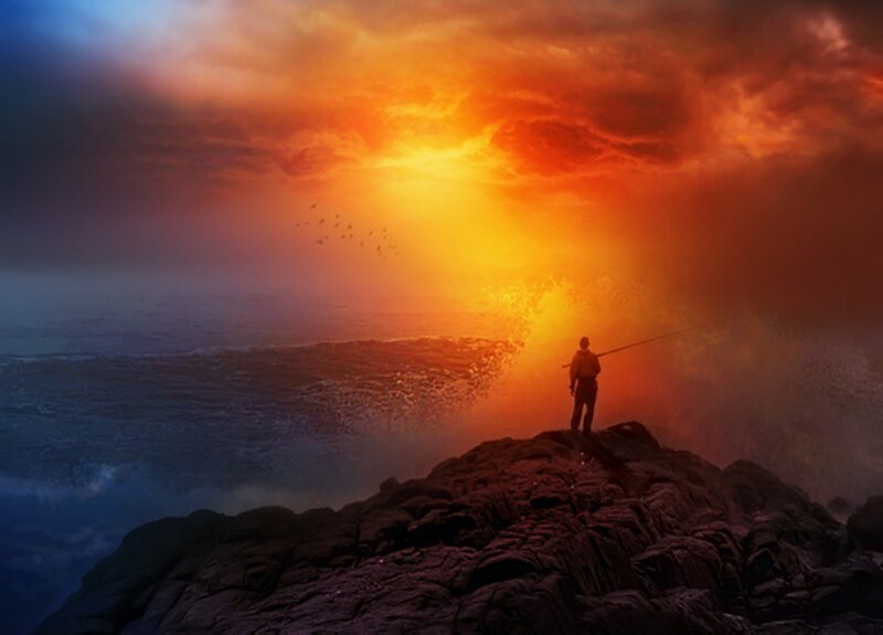 Fisherman on Cliff — Orange