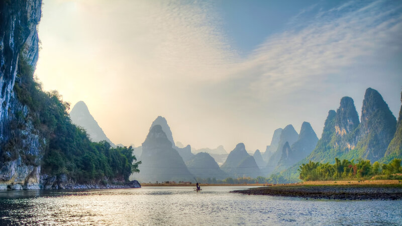 Fisherman on River — Blue, Serene, Morning