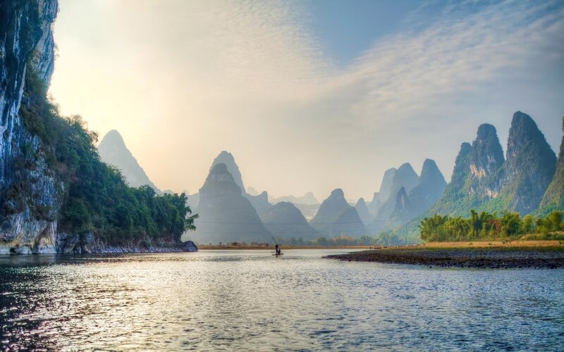 Fisherman on River — Blue, Serene