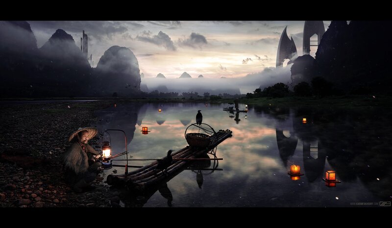 Fisherman on Riverbank — Gray