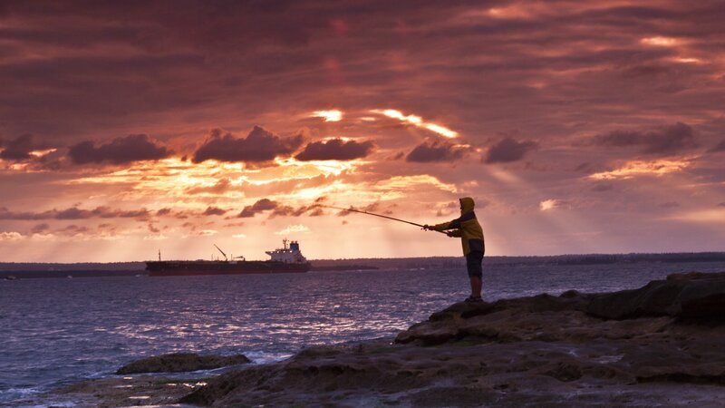 Fisherman on Rocks — Purple
