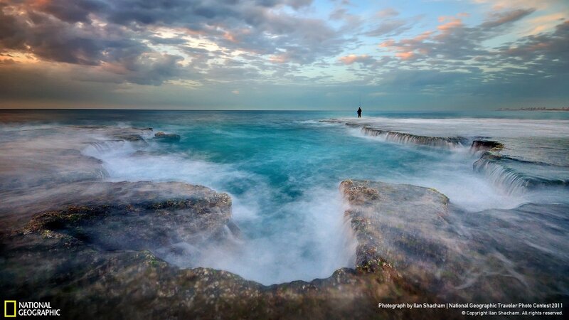 Fisherman on Rocky Pier — Blue