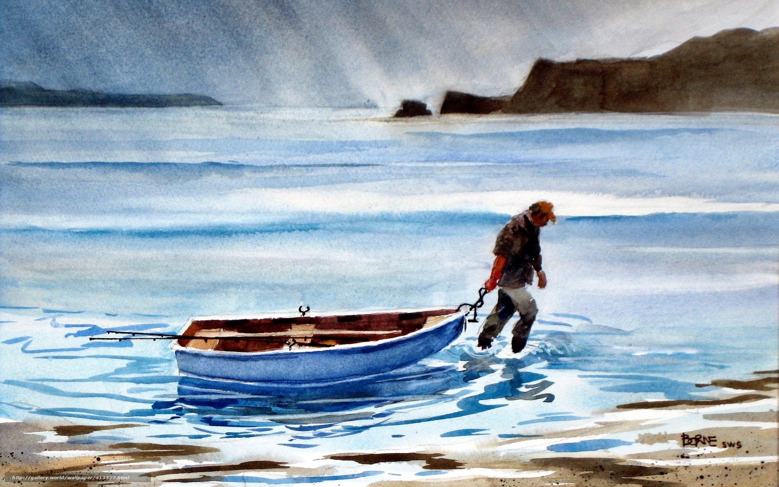Fisherman pulling boat ashore