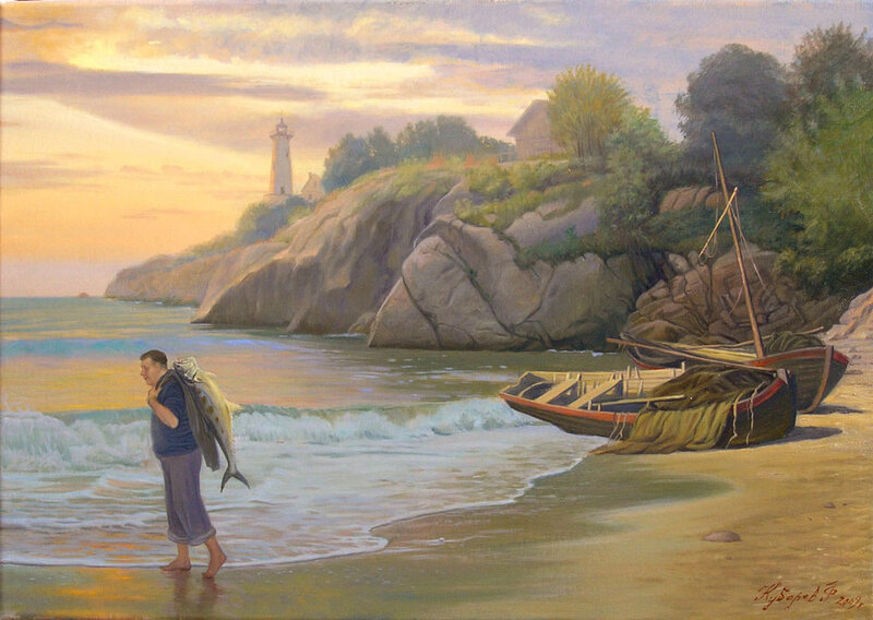 Fisherman with catch at sunset