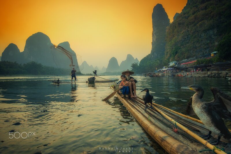 Fisherman with Cormorants — Orange