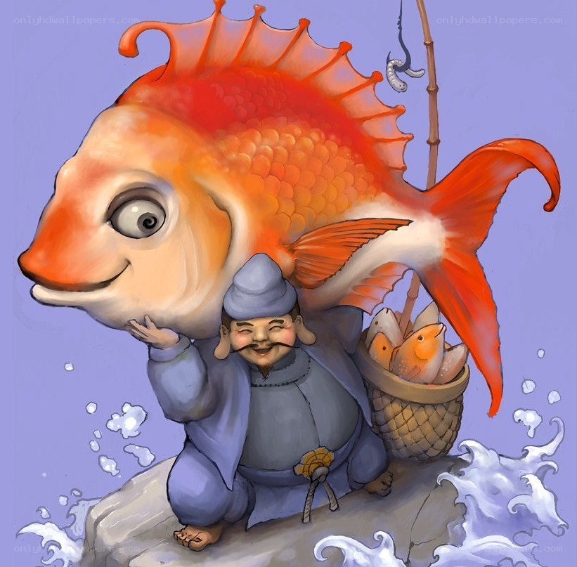 Fisherman with giant goldfish