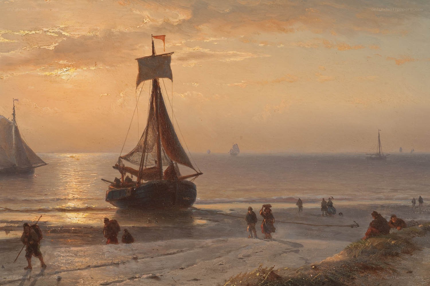 Fishermen at Sunset on the Beach