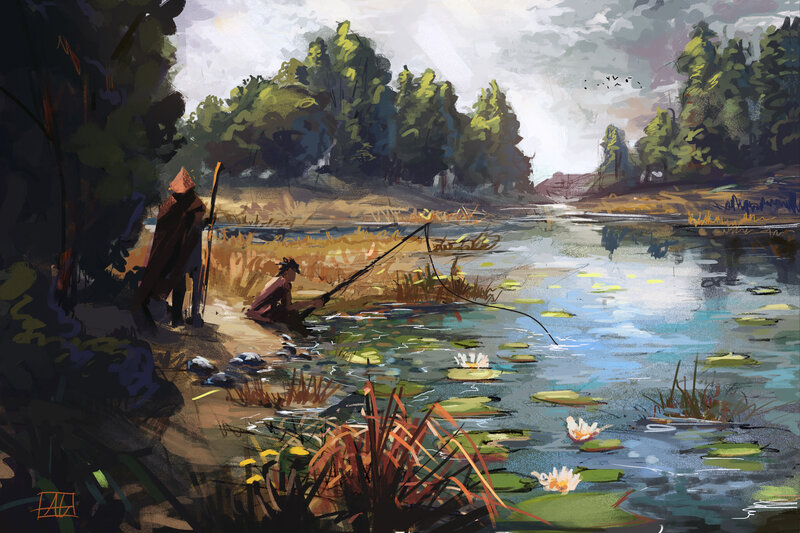 Fishermen by a Pond